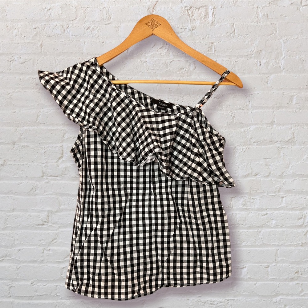 One shoulder ruffle black gingham top